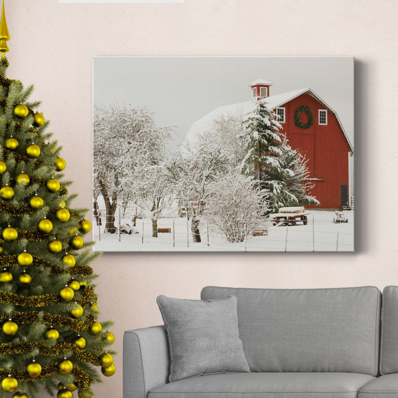Festive Barn - Toile tendue avec châssis de qualité supérieure - Prêt à être accroché, H 20 po x l 16 po x P 1 po
