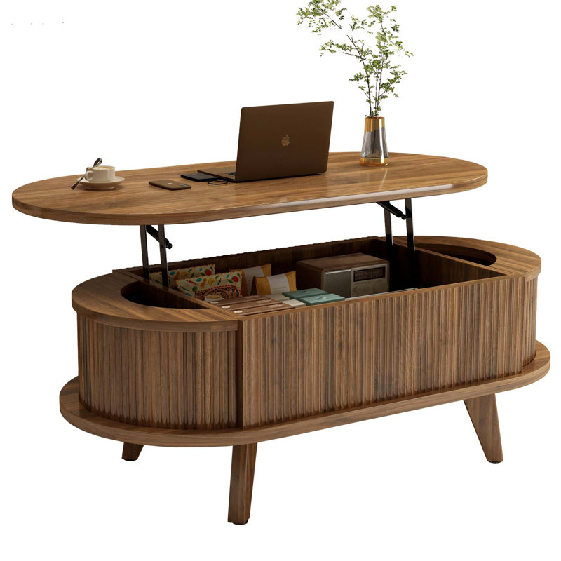 Table basse à plateau relevable cannelé avec rangement caché