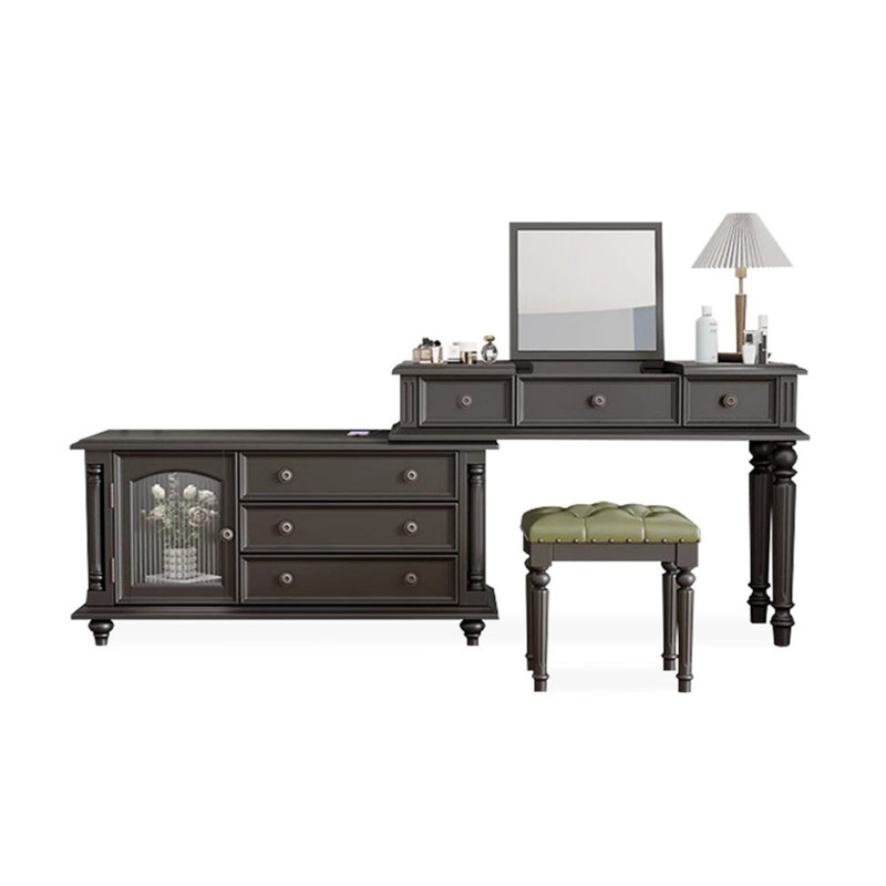 Coiffeuse de maquillage avec miroir, 5 tiroirs, prise de courant, 1 chaise