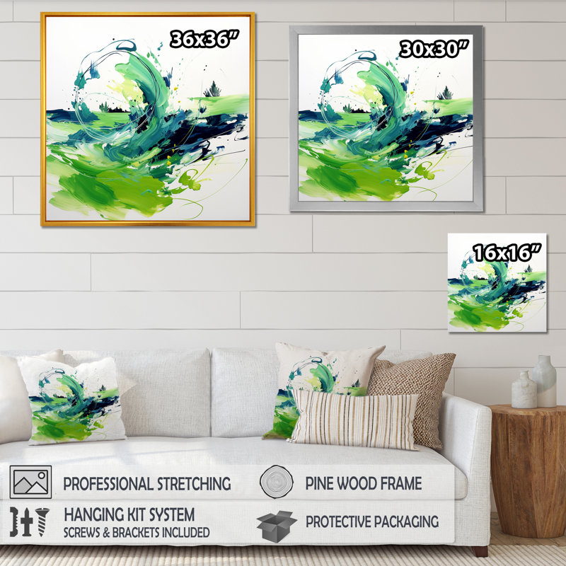 «White and Green Abstract Ink Expression I», art mural abstrait, Cadre flottant noir, H 30 po x l 30 po x P 1,5 po