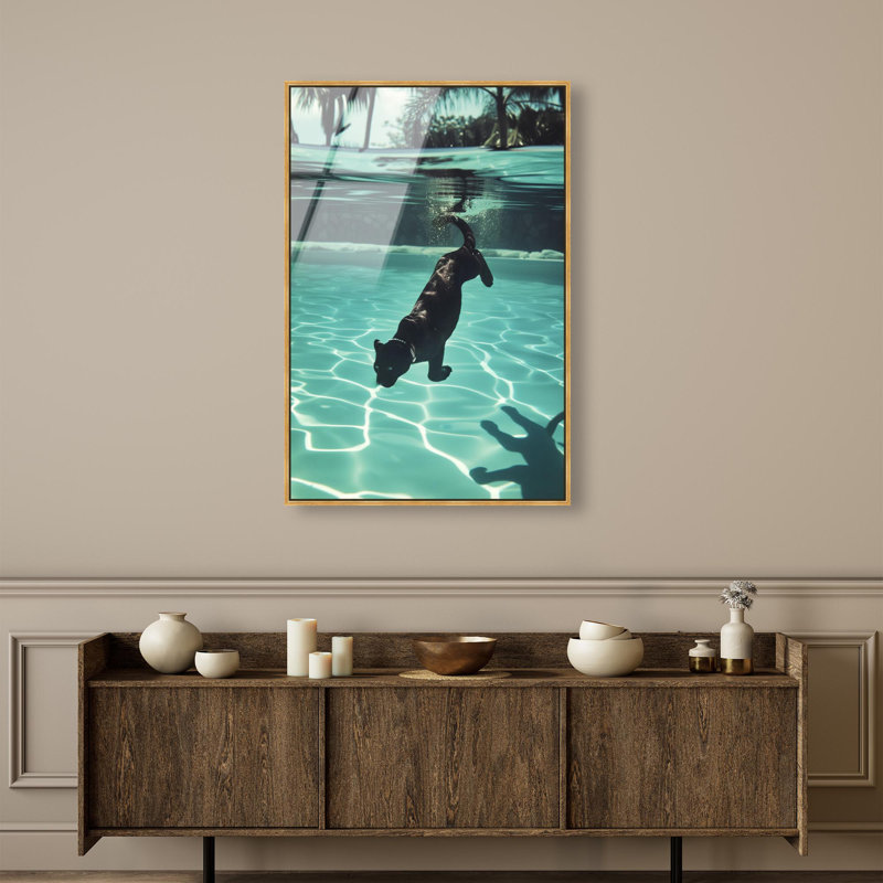 Oliver Gal Panther Swim Animals - Framed Acrylic Glass Wall Art, 30" H x 20" W, Gold