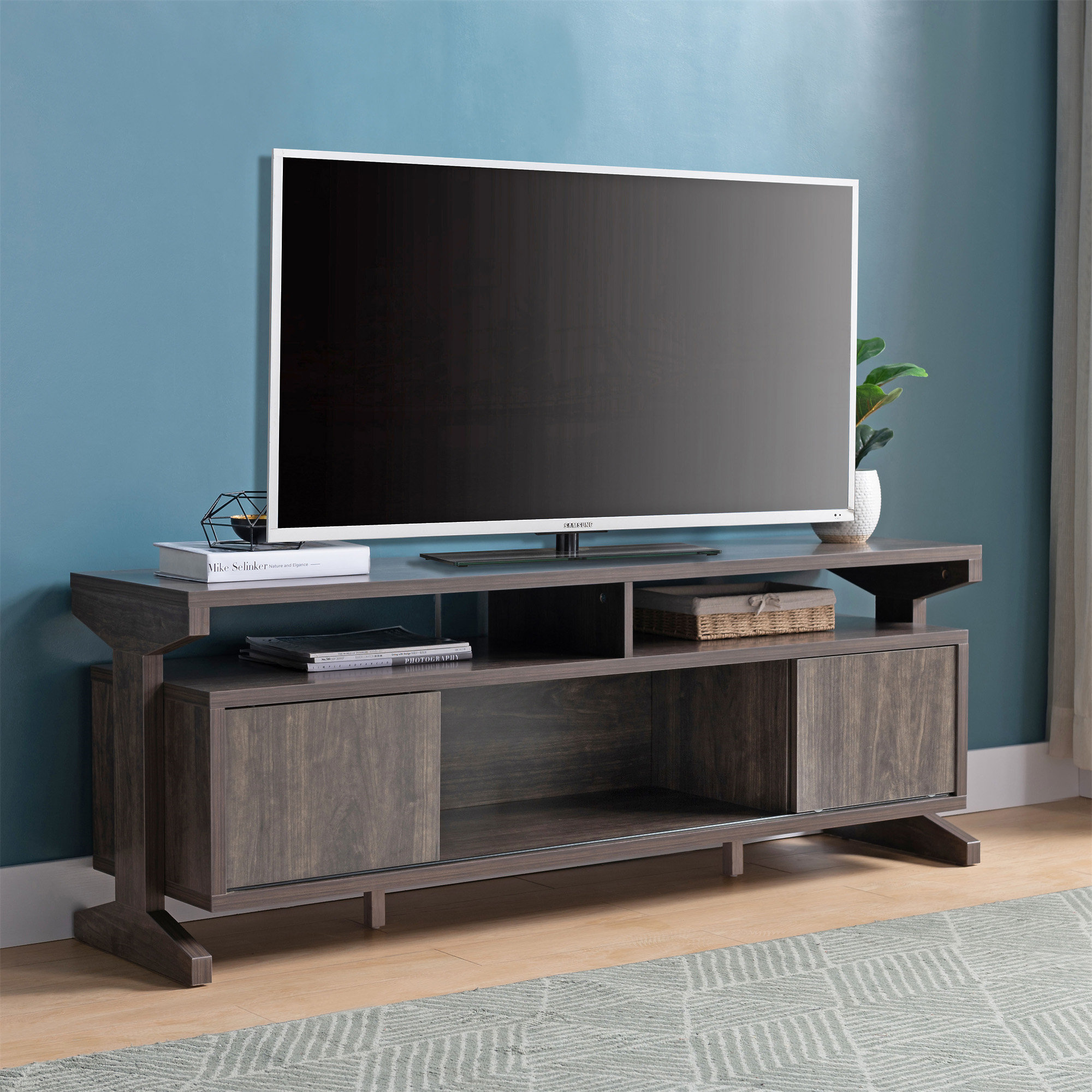 Red Barrel Studio® TV Stand In Brown Walnut With Sliding Doors And Five ...