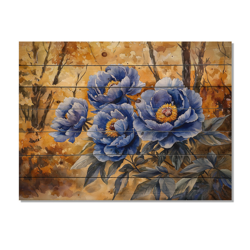 Pivoines bleues dans le verger - impression de pivoines sur bois de pin naturel, H 24 po x l 32 po x P 0,78 po
