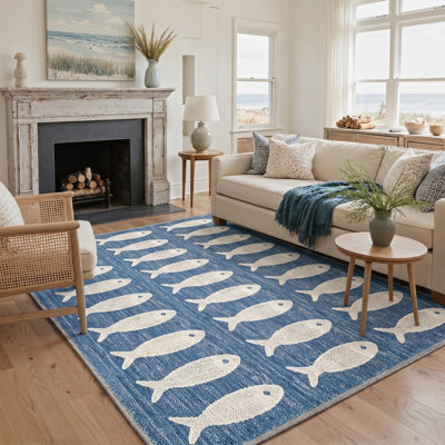 Tapis bleu / ivoire à imprimé animal lavable à la machine avec envers antidérapant