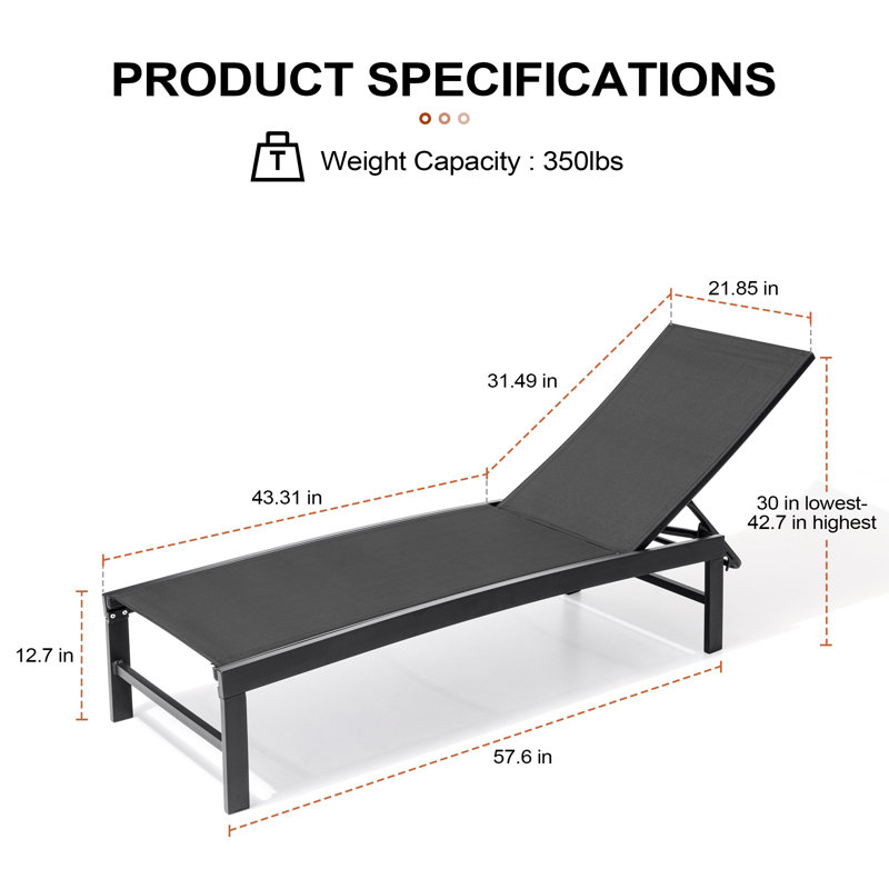 Chaise longue de patio inclinable en métal, Noir