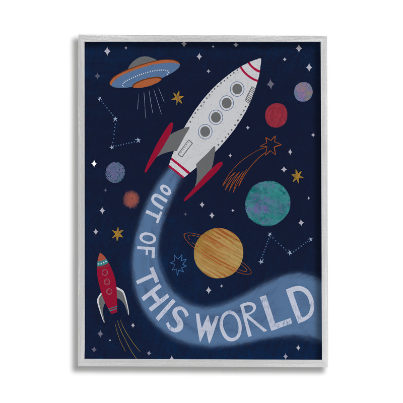 «Out Of This World Text Flying Rocket Ship Galaxy» par Nina Seven - impression, L 24 po x H 30 po
