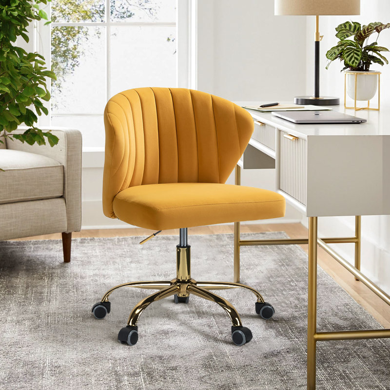 Petillo Swivel Velvet Office Task Chair with Adjustable Height and Padded Cushion, Mustard