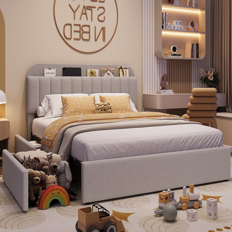 Bed Frame With Storage Headboard, 2 Drawers, gris, Grand