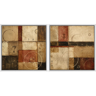 Ensemble de 2 reproductions abstraites géométriques rétro avec décorations beiges bourgogne et or encadrées sur toile
