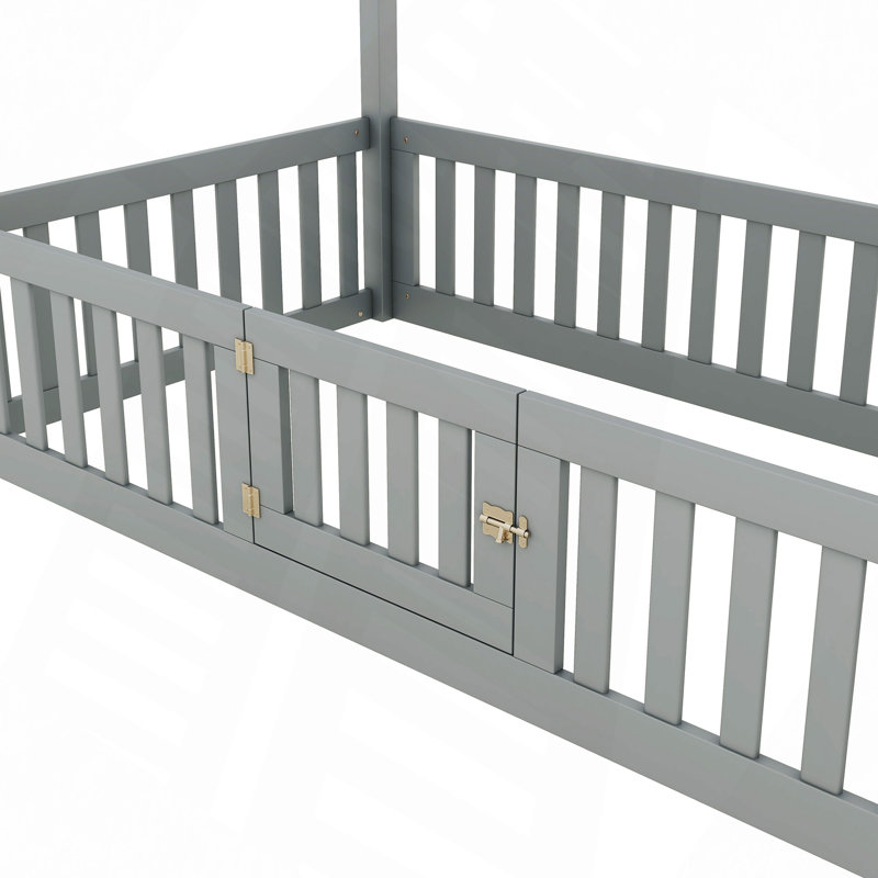 Lit en bois avec clôture et porte, Gris, Lit simple