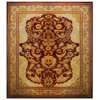 1880s Red-Wine Medallion Antique Indian Amritsar Carpet 18'10"x20'10" Wool Rug