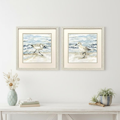 Set Of Two Beach Sandpipers Distressed White Framed Wall Art
