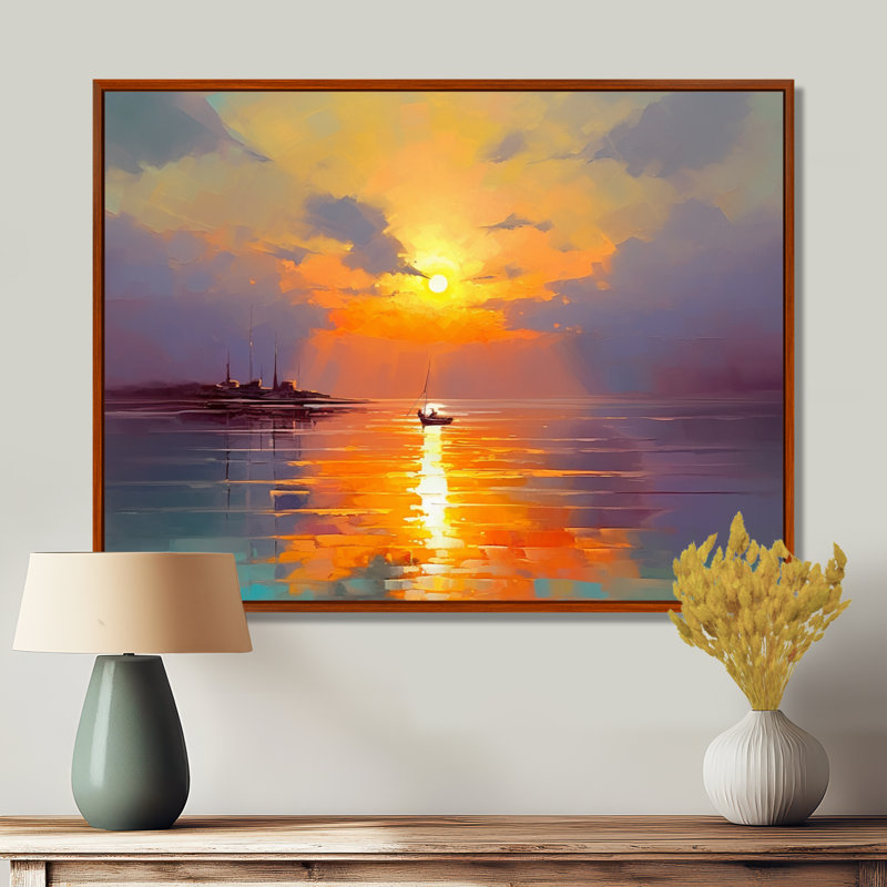 Bateau qui quitte le port, coucher de soleil doré - décor d'art mural coucher de soleil, Toile avec cadre flottant brun