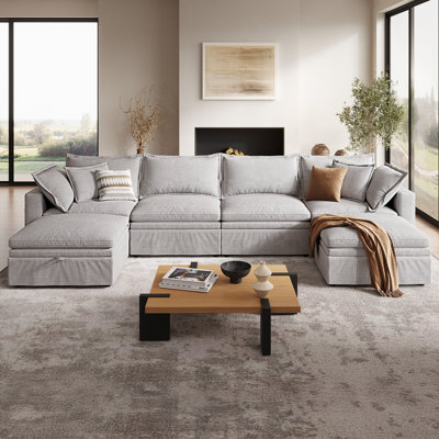 148" Down Cloud Couch, Oversized Modular Comfy Sofa for Living Room, U Shaped Sectional Couches with Detachable Sofa Cover, Storage Ottoman