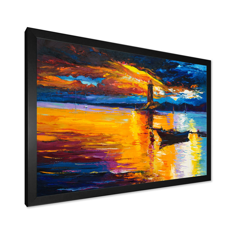 Petit bateau par le phare au coucher du soleil - Peinture sur toile, H 12 po x l 20 po x P 1 po, Cadre photo noir