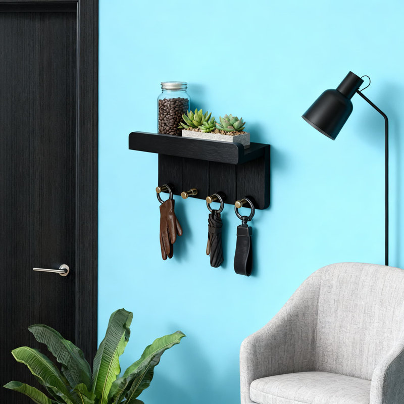 Wall Mount Key Holder With Shelf And 4 Hooks, Compact Decorative Organizer For Keys, Mail, And Essentials, Modern Farmhouse Home Decor
