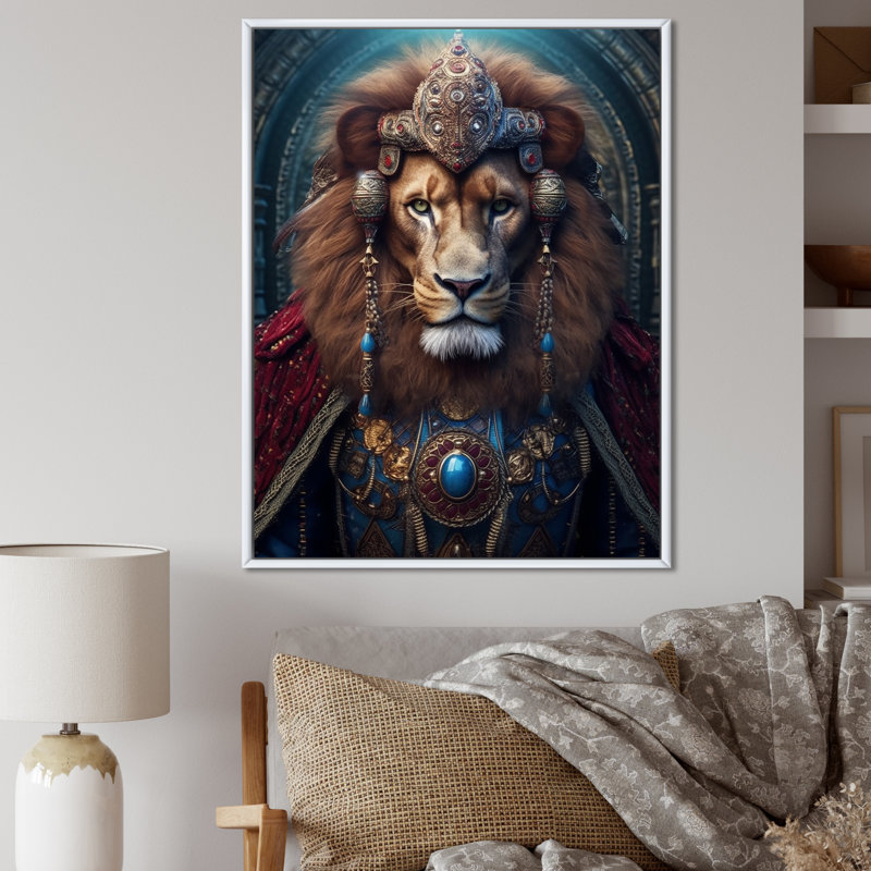 «Majestic Lion Portrait Antique King», reproduction d'art sur lion, Cadre flottant blanc, 32" H x 24" W