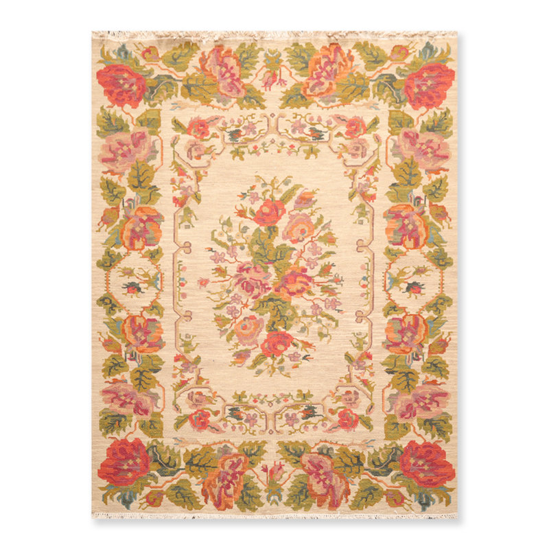 Tapis unique en laine noué à la main beige de 5 pi 6 po x 7 pi 6 po Anoceto