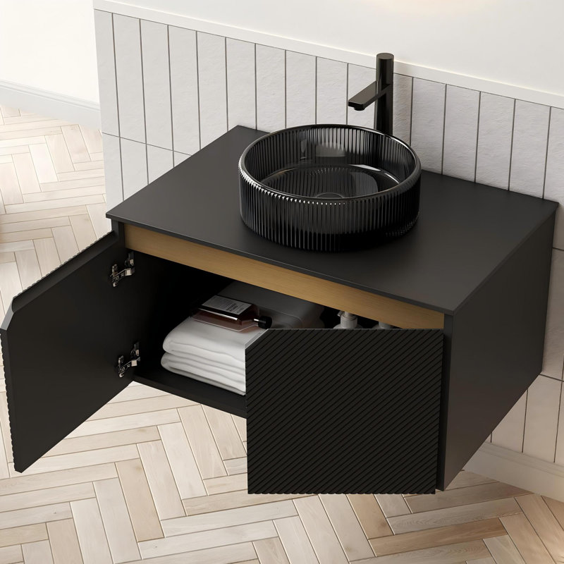 Meuble-lavabo mural 30 po avec portes doubles et lavabo rond en verre noir transparent, 30"