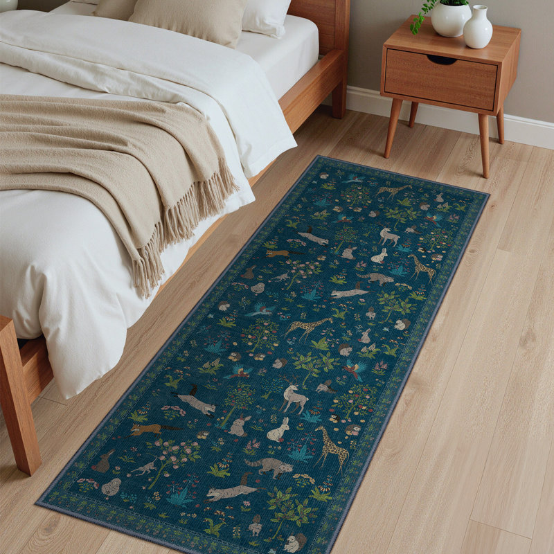 Alcoa Floral and Animal Print Performance Machine Washable Area Rug, Runner 2'6" x 6', Midnight Blue