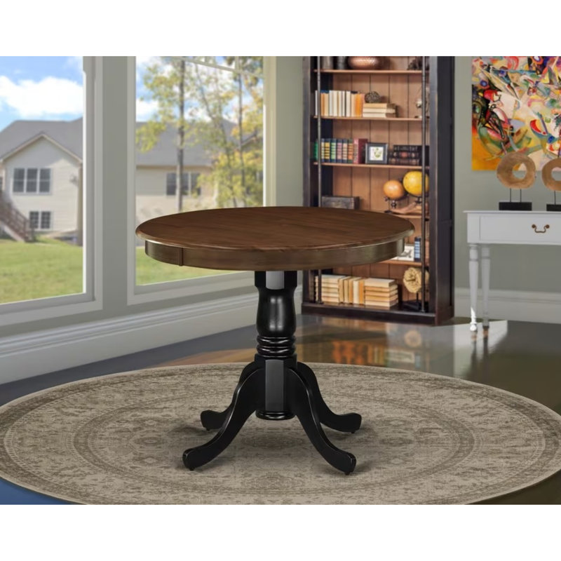 Antique Dining Table - a Round Wooden Table Top with Pedestal Base, Walnut & Black, Acasia Walnut, Black