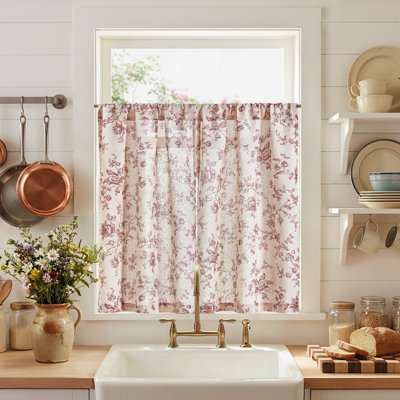 Semi-Sheer Botanical Floral Tier Curtains, Farmhouse Style Linen Cafe Drapes for Kitchen & Bathroom Windows