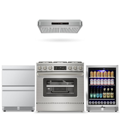 4-Piece Kitchen Appliance Package with 36" 6.1 cu. ft. Slide-In Gas Range, 30" 900 CFM Ducted (Vented) Under-Cabinet Range Hood, 24" Swing Door Beverage Refrigerator and 24" Drawer Beverage Refrigerator, Stainless Steel