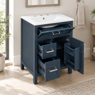 Meuble-lavabo de 61 cm (24 pouces) avec lavabo en céramique, structure en bois massif et armoire en MDF, fini bleu, charnières à fermeture amortie, tablette réglable, poignées argentées