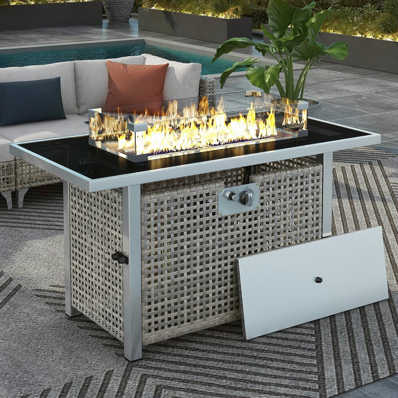 43" Propane Gas Fire Pit Table, 60000 BTU Rectangular Open Weave Wicker Fire Pit With Glass Wind Guard For Outside Patio Deck Garden Backyard