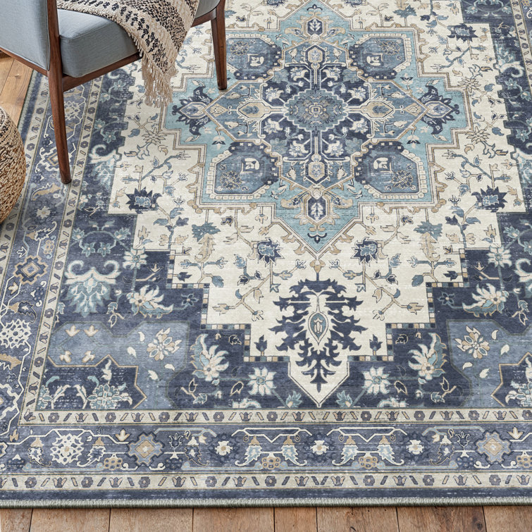 Oriental Blue Area Rug Vintage Washable Non-Slip Indoor Rugs