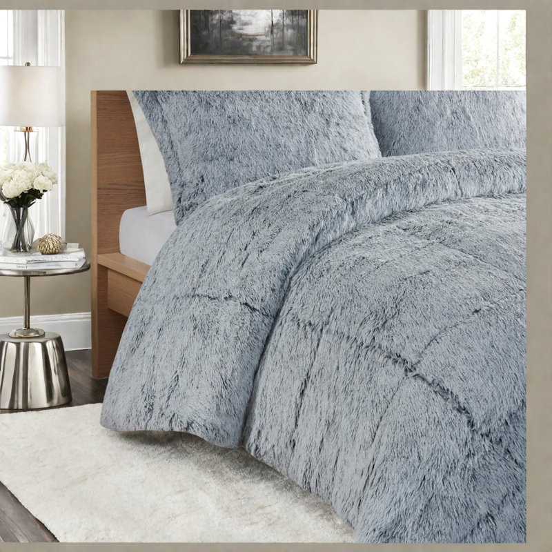 Ensemble de literie moderne en fausse fourrure à poils longs, polyester gris confortable pour la maison