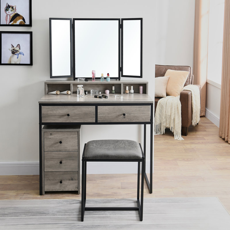 Kimberlee Dressing Table with Mirror, Ivory Gray