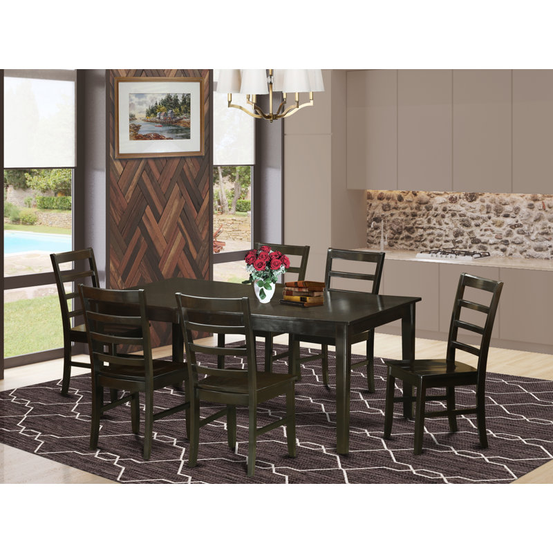7 Piece Kitchen Table & Chairs Set Consist of a Rectangle Dining Table with Pedestal and 6 Linen Fabric Dining Room Chairs, 42x72 Inch, Cappuccino
