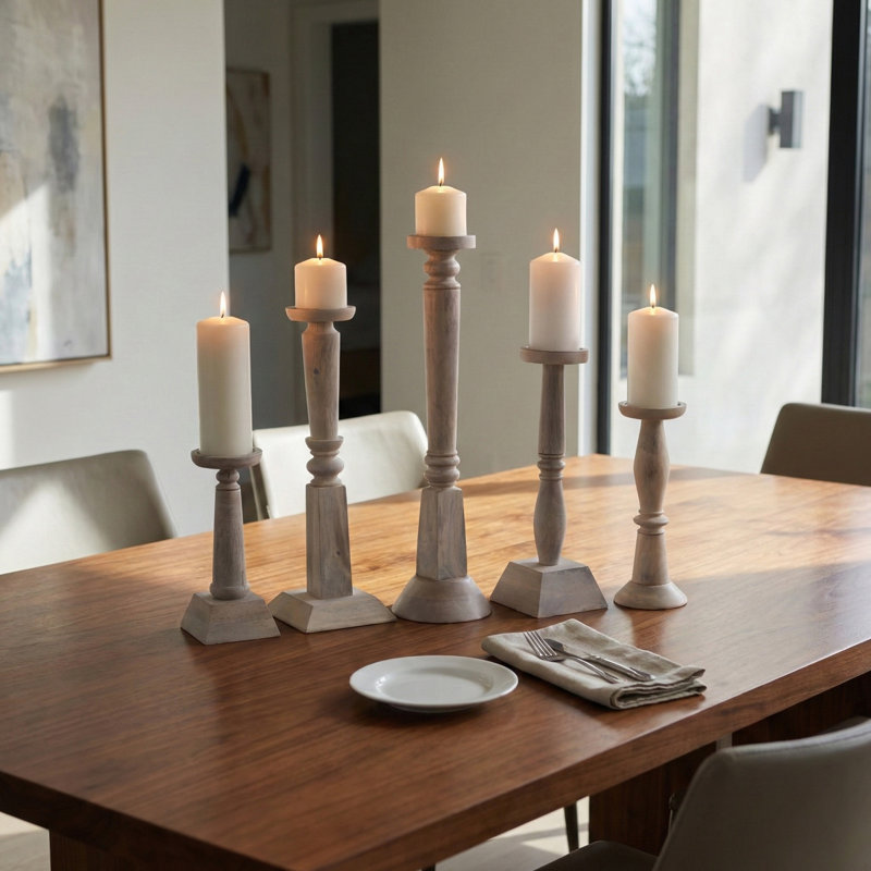 Decorative Mango Wood Candle Sticks Holders - Modern Tabletop and Floor Candle Holder for Home Accents - Set of 5, 22", 18", 16", 12", 10"