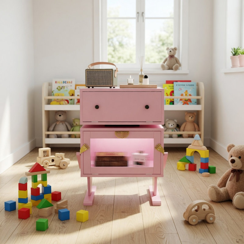 Table de bout moderne 20,7 po de large avec DEL rose et tiroir rotatif à 360 °