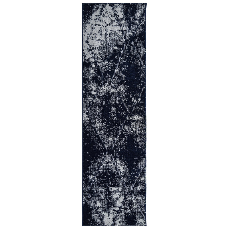 Tapis bleu marine / blanc abstrait touffeté, Tapis de couloir de 2 pi x 7 pi