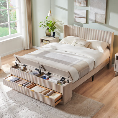 Queen Size Fluted Bed Frame With Wingback Headboard & Footboard Storage Bench