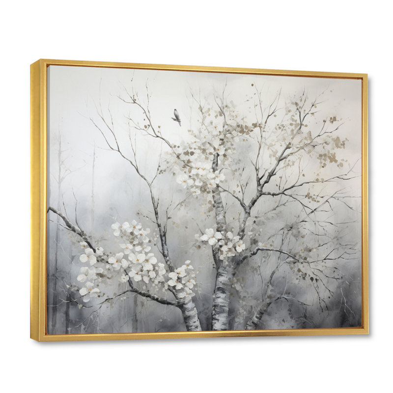 Arbre gris gris, rêverie - art mural arbre monochrome, Cadre flottant doré, H 34 po x l 44 po x P 1,5 po