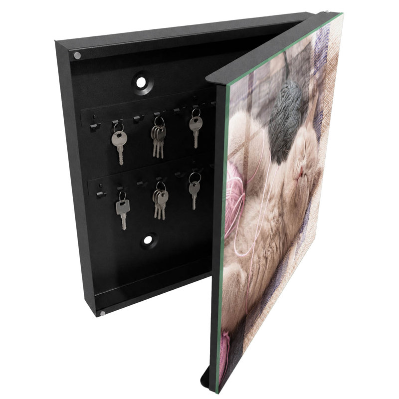 Key box for home, Opens to the left, 30x30x5, White, A charming kitten among soft yarns, silent relaxation, 