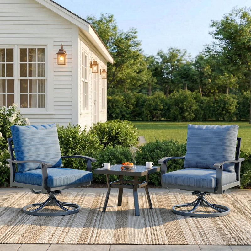 Outdoor Swivel Rocker Patio Chairs With Coffee Table 3 Pcs Bistro Set, Blue