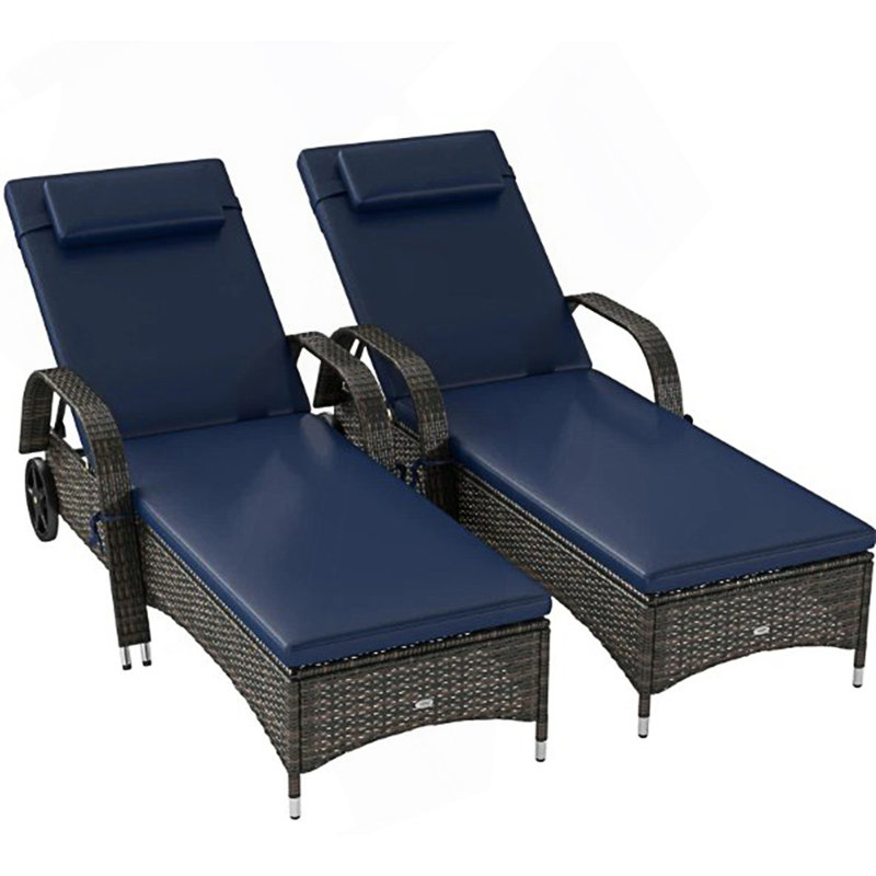 Rolling Outdoor Chairs, 2 Reclining Chaise Lounge Chairs With Cushion, Dark Blue Cushion/Mixed Brown Frame, 2