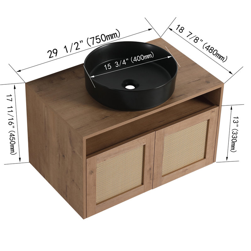 Meuble-lavabo de 30 po avec lavabo d'art en céramique, 2 portes à fermeture douce, conception à fixation flottante, contreplaqué (emballage KD)