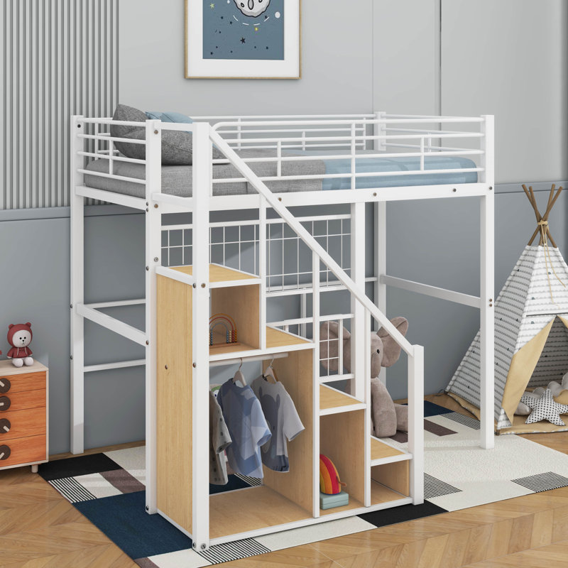 Lit mezzanine simple en métal avec escalier de rangement et garde-robe, Blanc