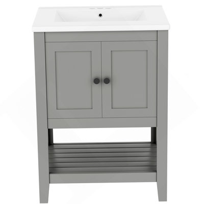 Modern Sleek Bathroom Vanity Elegant Ceramic Sink with Solid Wood Frame Open Style Shelf & Door Shelf Design