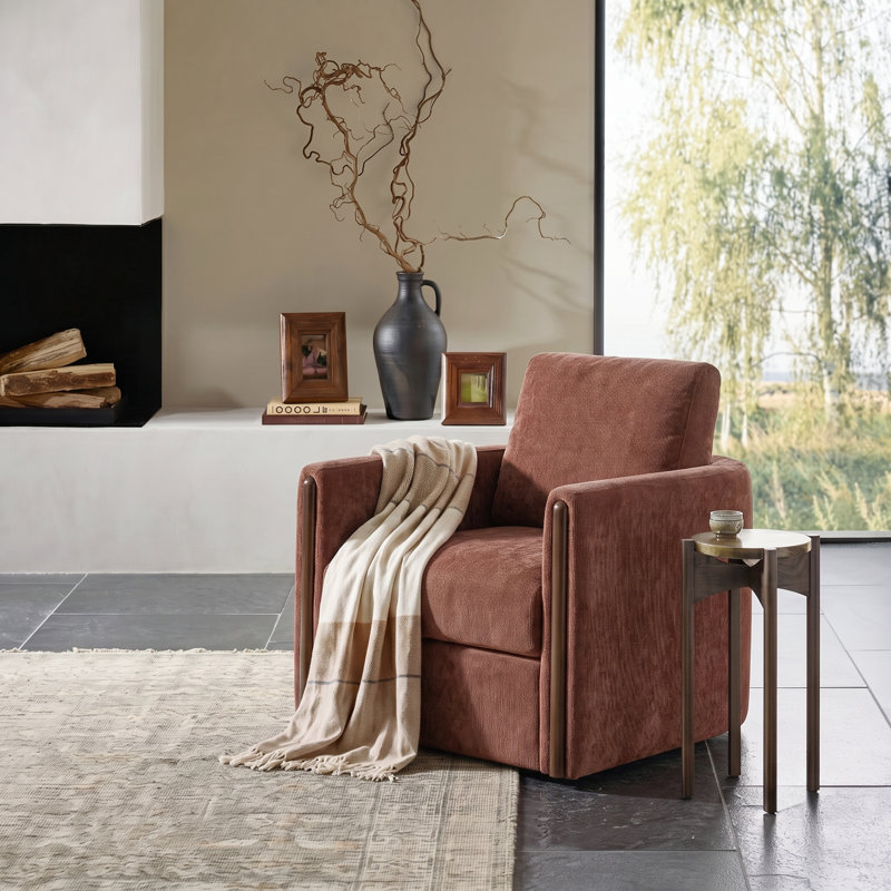 Nicha 31.25W" Modern Down-filled Solid Wood Swivel Barrel Chair, Rust