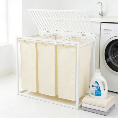 Panier à linge en bambou à 3 sections avec couvercle et sacs lavables amovibles, organisateur de trieur de linge d'une capacité de 150 L pour la maison