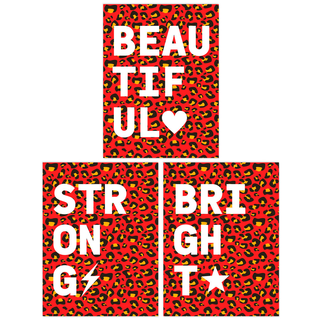 Leopard Pattern Beautiful Strong Bright Typography - 3 Piece No Frame Print Set