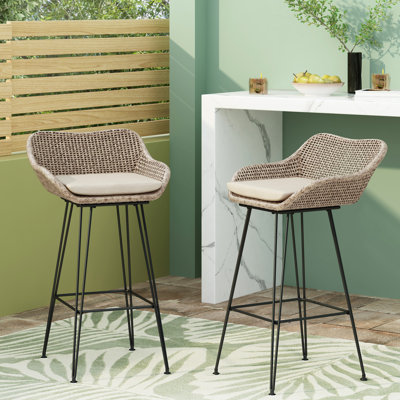 Brown Woven Pe Bar Stools With Water- Cushions And Hairpin Legs, 22.27 Inches Wide, 23.6 Deep, 38.50 High, Of Two For Outdoor Seating , Comfortable Seating, Two, Assembly Needed