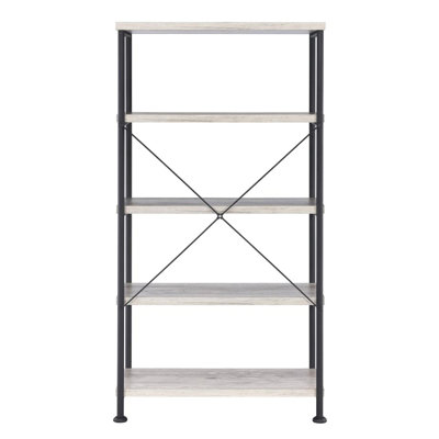 Bibliothèque à 4 tablettes avec finition en bois flotté gris et structure en métal noir, dossier ouvert, espace de rangement pour les livres, surface de rangement