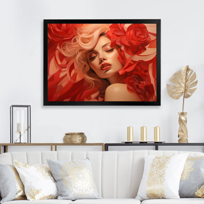 Red Fashionable Woman With Red Flowers II - Fashion Wall Art